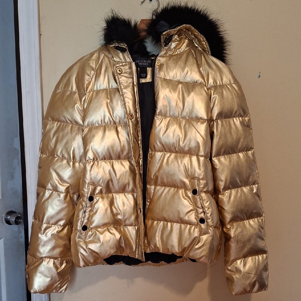 Michael Kors Shimmering Gold Puffer Jacket with Black Fur Hood